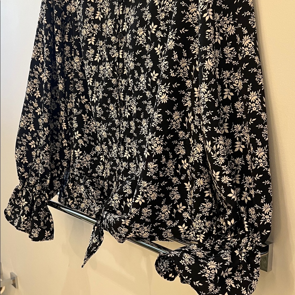 Black Floral Tie-Front Blouse with Ruffle Cuffs - Picture 6 of 6